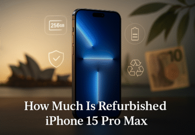 Refurbished iPhone 15 Pro Max on a minimalist desk with Sydney Opera House in the background and futuristic icons symbolising warranty, storage, battery, and eco-friendly value