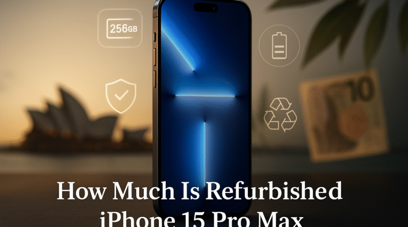 Refurbished iPhone 15 Pro Max on a minimalist desk with Sydney Opera House in the background and futuristic icons symbolising warranty, storage, battery, and eco-friendly value